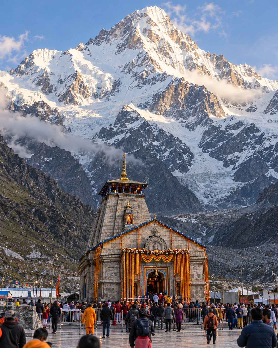 Kedarnath temple beneath a towering Himalayan peak