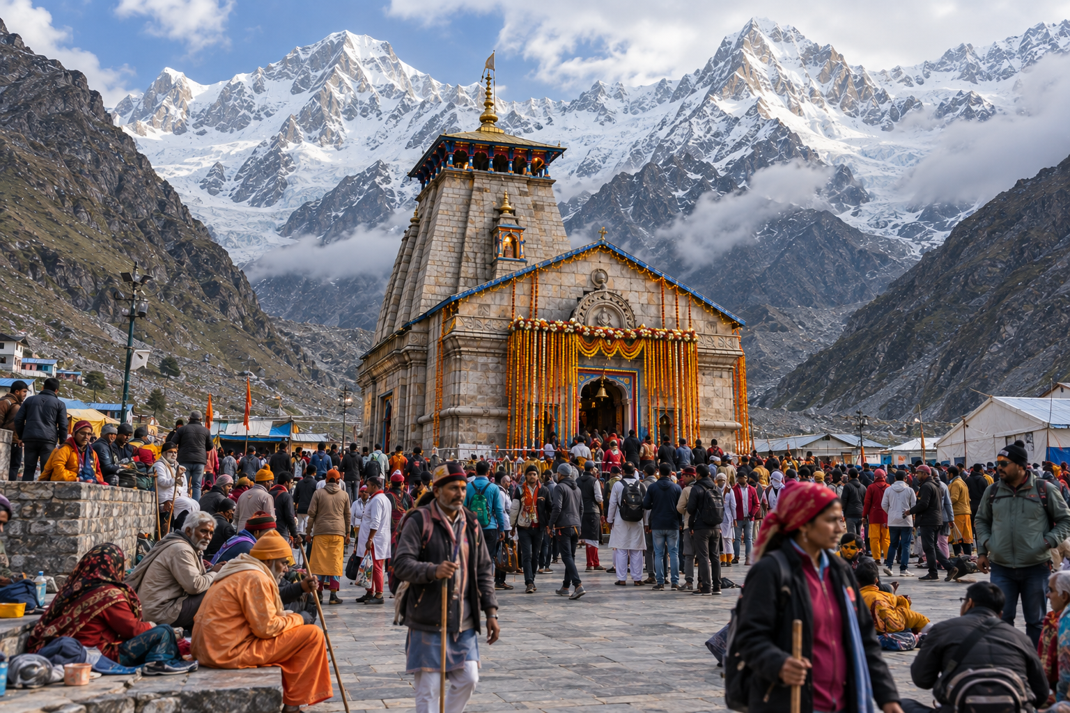 Pilgrim crowd near Kedarnath temple