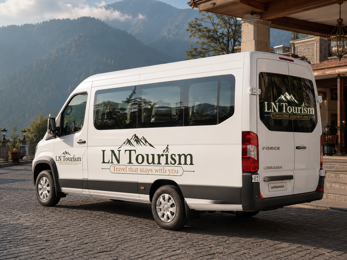 LN Tourism branded Urbania mockup outside a mountain hotel.
