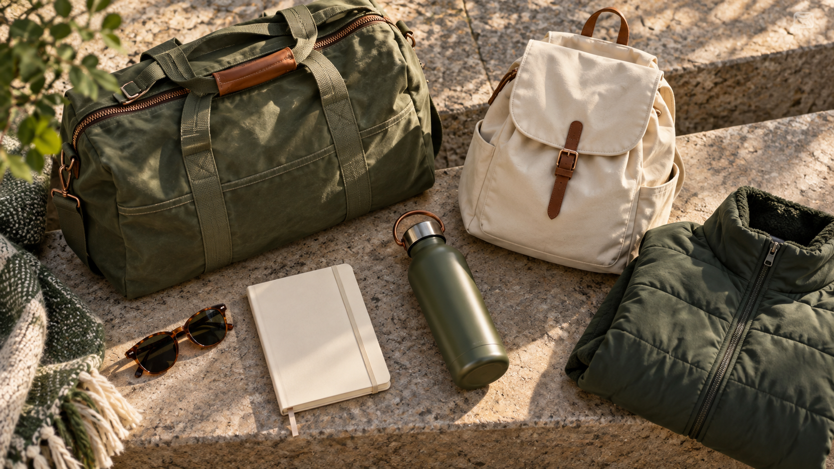 Olive duffel, daypack and road-trip essentials arranged on a stone surface.
