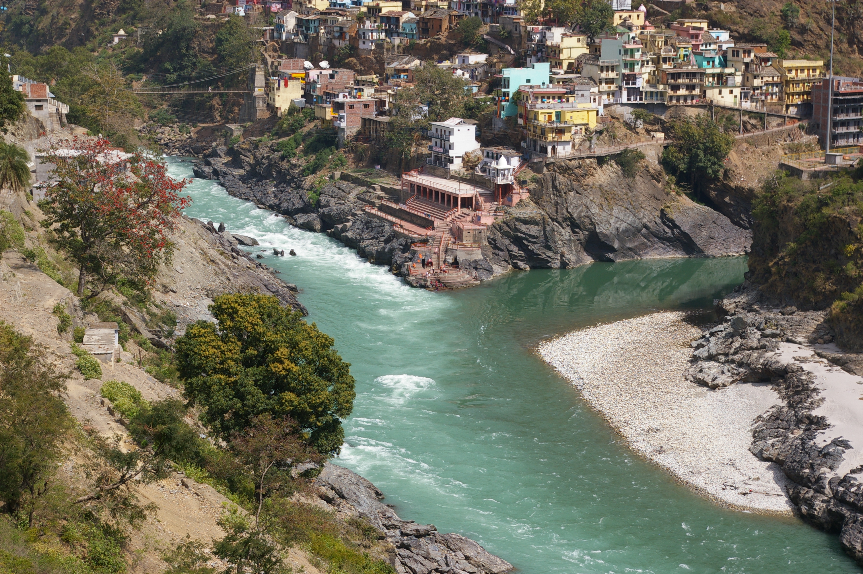Bhagirathi and Alaknanda rivers meeting at Devprayag in Uttarakhand.