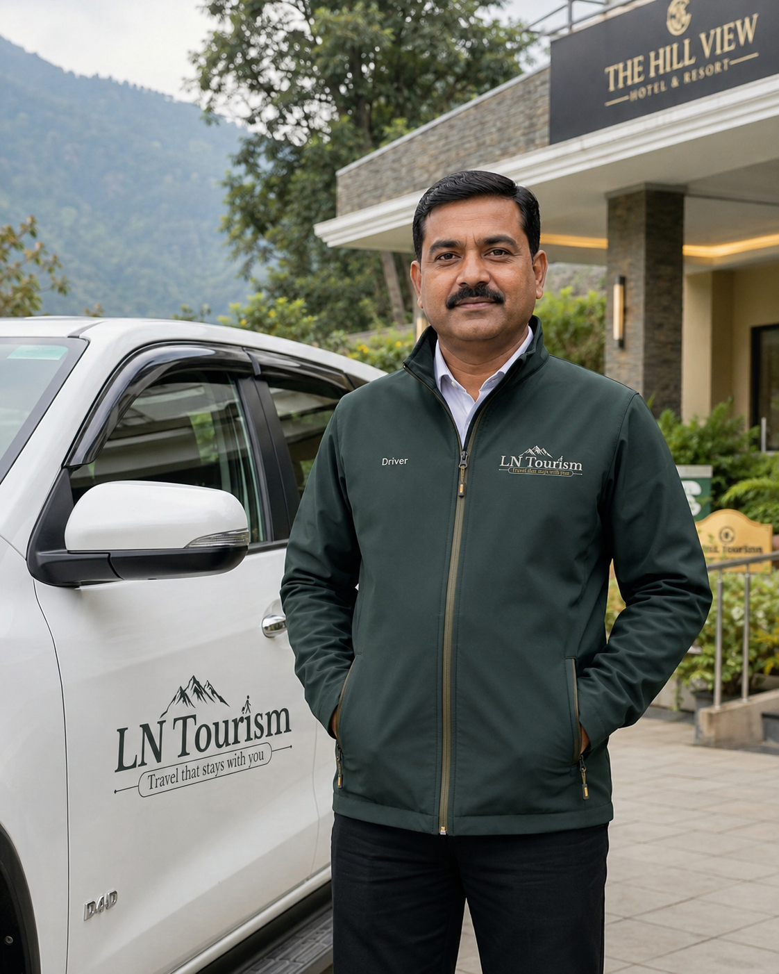 LN Tourism driver-uniform mockup beside a branded white SUV.