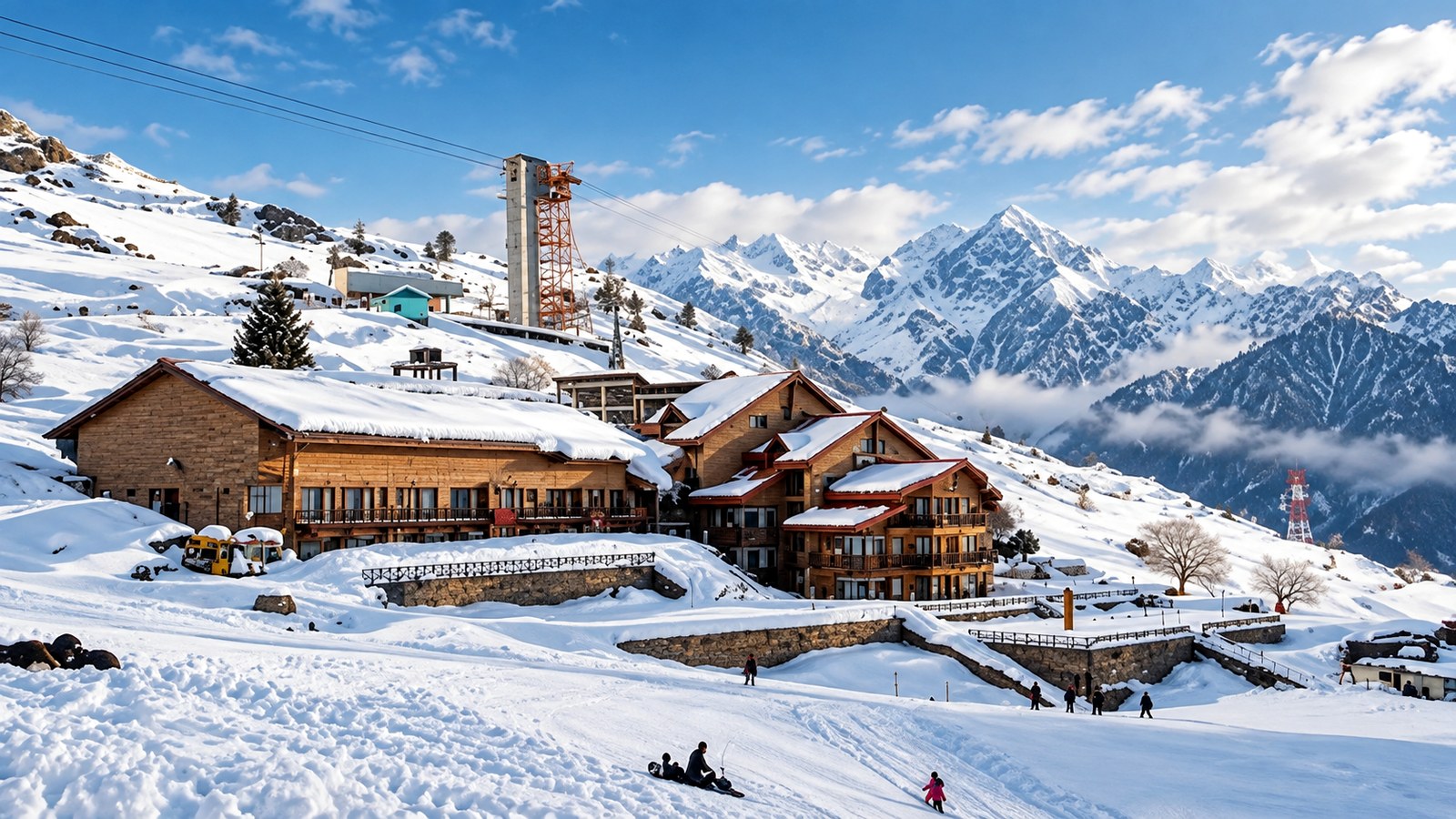 Snow-covered resort area in Auli with Himalayan mountains