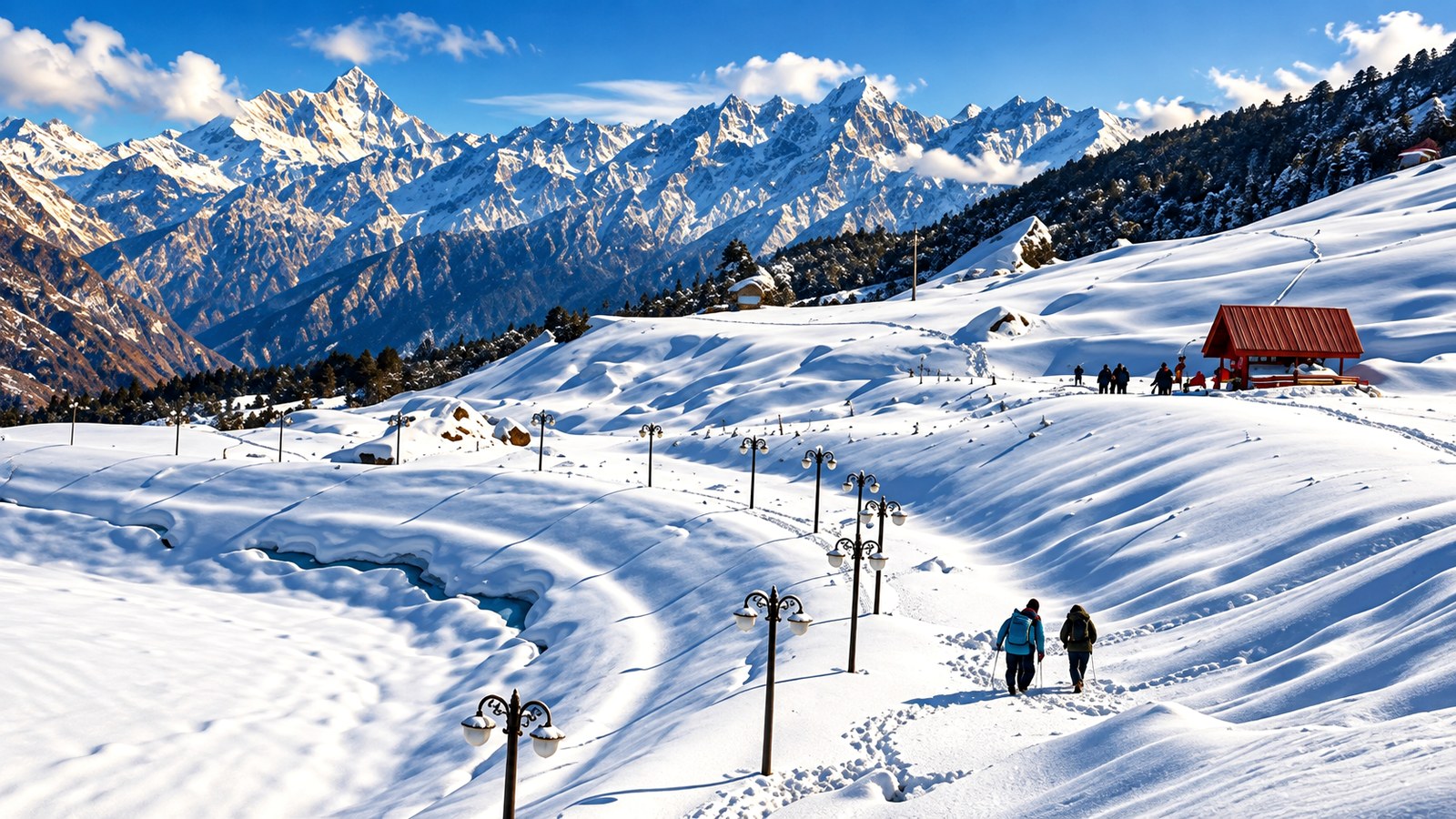 Snow-covered walking route across Auli in winter