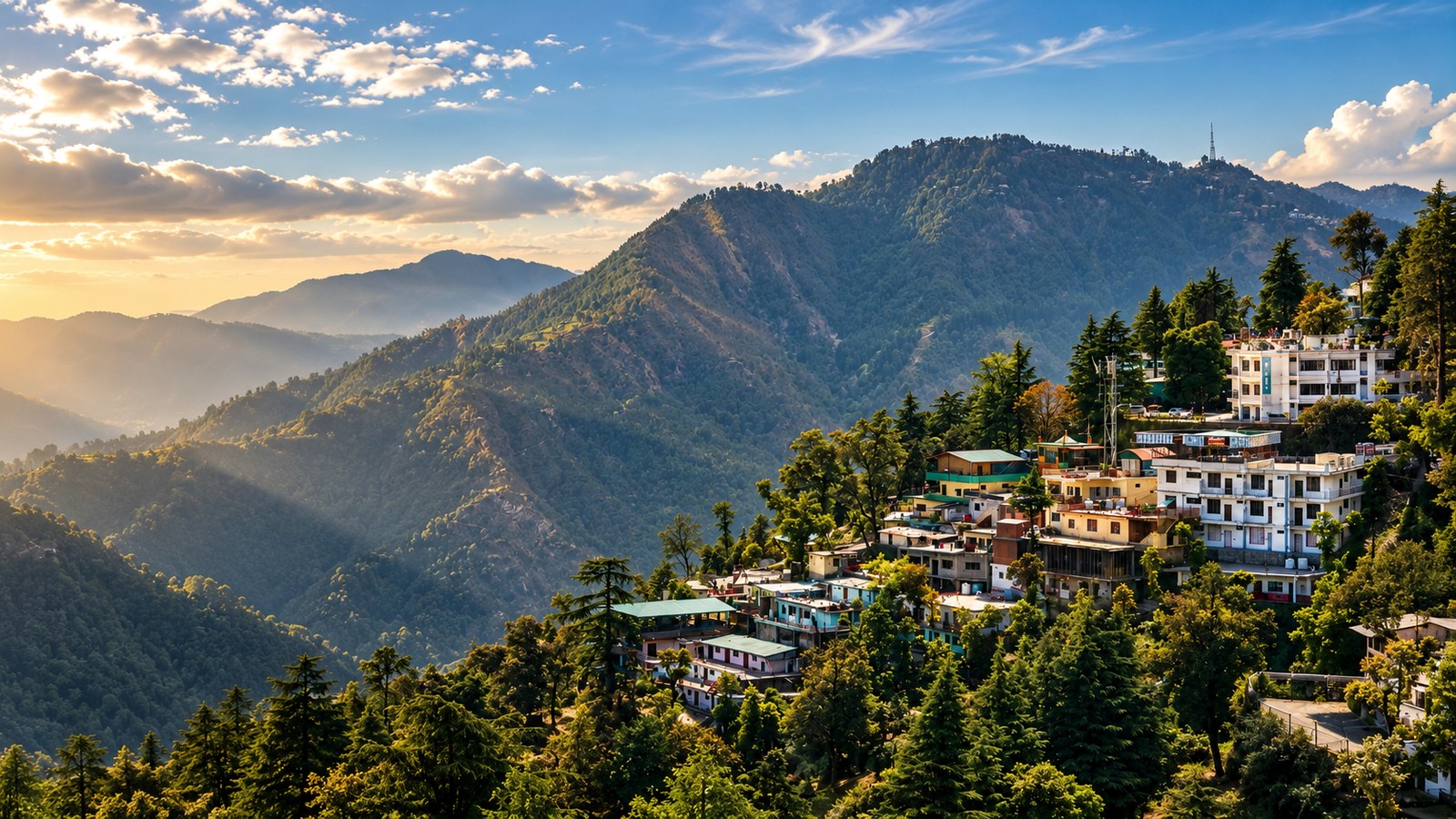 Mussoorie hillside buildings and forested mountain landscape