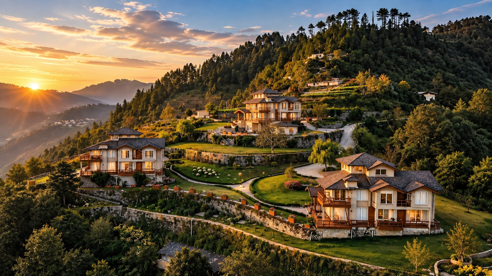ountain retreat surrounded by forested hills at golden hour