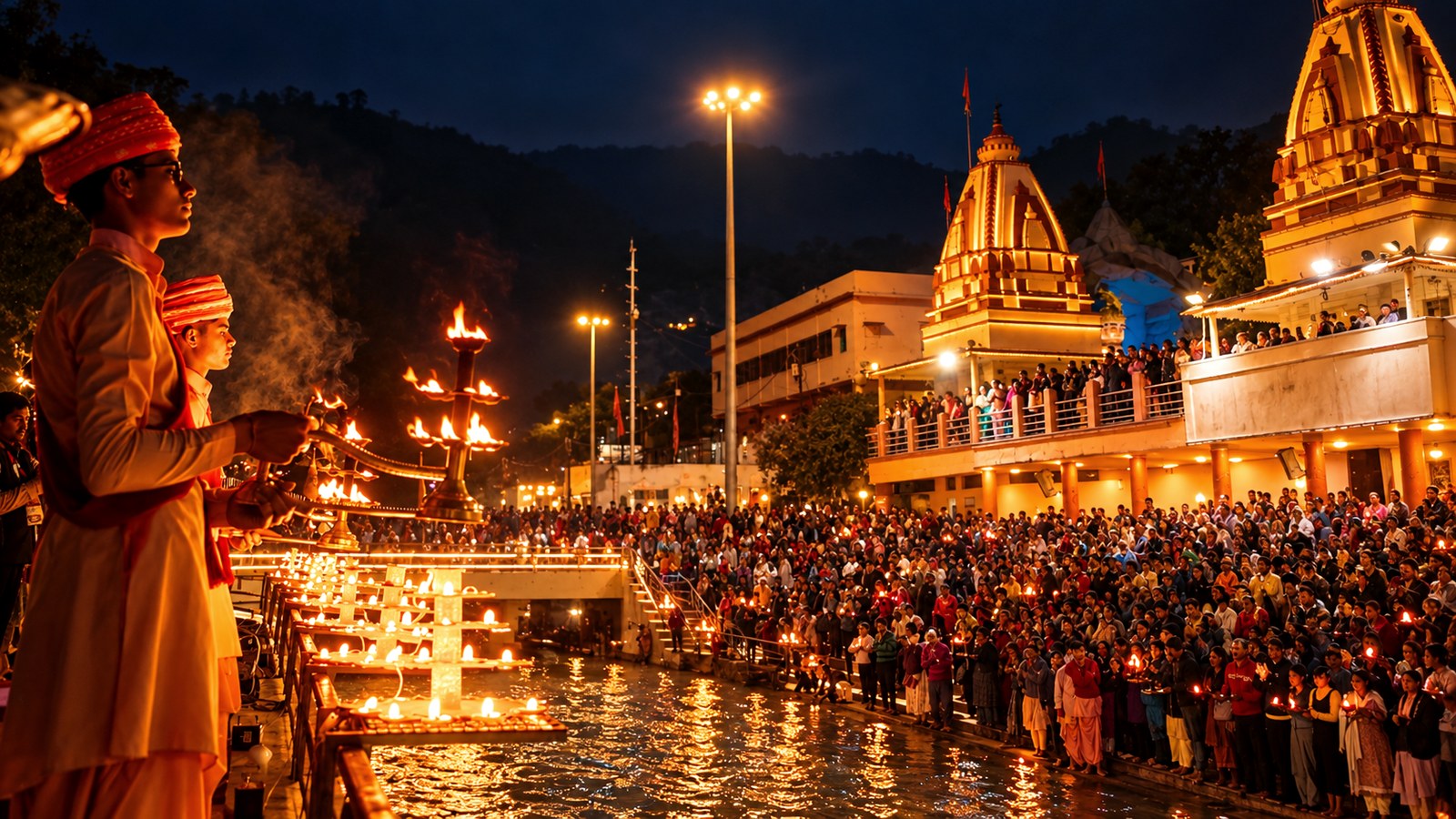 Ganga aarti ceremony at a Rishikesh ghat at night