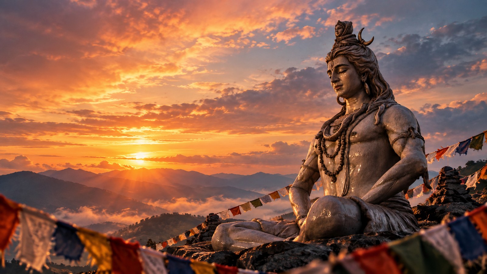 Shiva statue against a Himalayan sunset sky